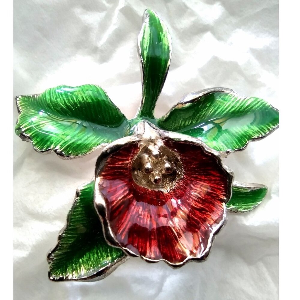 Vintage Orchid Brooch Pin Enamel Silver Tone Metal